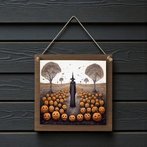Halloween Witch Pumpkin Patch Wood Hanging Sign Large Wall or Door Decor 8.5 inch
