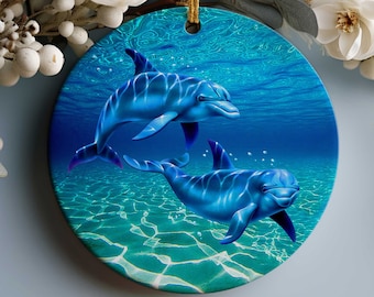 Dolphin Sea Life Christmas Tree Ornament, Porcelain, Beach House Keepsake Ornament Decorations