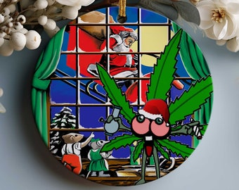 Surprise Visit from Santa - Cannabis Themed Porcelain Christmas Ornament - 2.875" Round - Mr. Pot Man  Funny Stoner Gifts