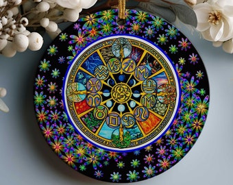 Porcelain Signs of the Zodiac Wheel Christmas Tree Ornament - 2.875" Round - Astrology-Themed Holiday Decorations