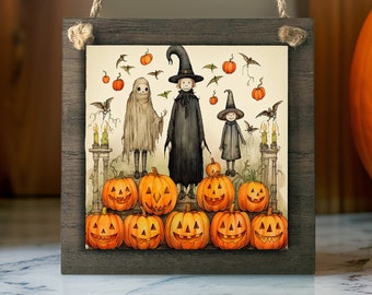 Creepy Witch Art Wall Sign - Halloween Decorations - Large Ornaments - Wood and Aluminum -  4.8 in OR 8.5 inches - Dual Purpose Fall Decor