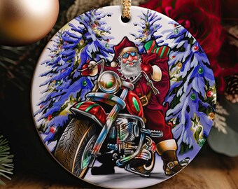 Motorcycle Santa Clause Christmas Tree Ornament - Porcelain Xmas Decorations