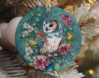 Owl Porcelain Christmas Tree Ornament, Floral Tree Ornament, Nature Wildlife Themed Christmas Decorations