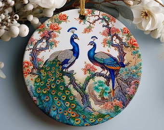 Blue Peacock Birds Christmas Tree Ornament - Porcelain - Single/Double Sided - Your Choice