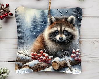 Winter Racoon Porcelain Christmas Tree Ornament - Unique Large Ornament - 3x3 Inches wide with curvy silhouette - Wild Animal Decorations