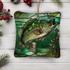 Bass Fish Porcelain Christmas Tree Ornament - Unique Large Ornament - 3x3 Inches wide with curvy silhouette - Rustic Country Decorations