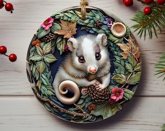 Opossum Porcelain Christmas Tree Ornaments- Forest Animal Decorations - Single or Double Side Print - Unique Gifts for Animal Lovers