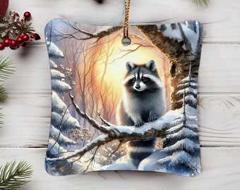 Winter Racoon Porcelain Christmas Tree Ornament - Unique Large Ornament - 3x3 Inches wide with curvy silhouette - Wild Animal Decorations