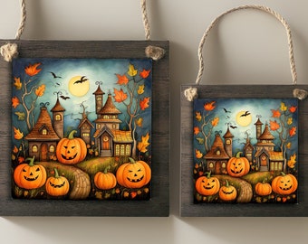 Halloween Town Wall Sign - Large Wood Ornaments - Wood and Aluminum -  4.8 in OR 8.5 inches - Your Choice - Mini Signs - Autumn Home Decor