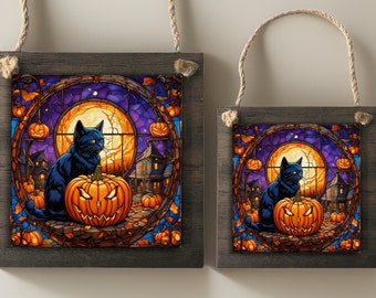 Black Cat Wall Signs - Halloween Decorations - Large Ornaments - Wood and Aluminum -  4.8 in OR 8.5 inches - Dual Purpose Spooky Fall Decor