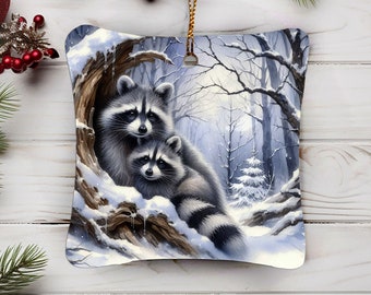 Racoon Porcelain Christmas Tree Ornament - Unique Large Ornament - 3x3 Inches wide with curvy silhouette - Wild Animal Decorations