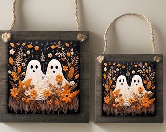 Halloween Ghost Decorations - Large Wood Ornaments - Wood and Aluminum -  4.8 in OR 8.5 inches - Your Choice - Mini Signs - Door Hangers