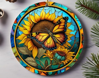 Monarch Butterfly and Sunflowers Stained Glass-Themed Porcelain Ornament -Single/Double/Personalized- You Choose - All Occasion Unique Gifts