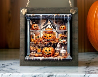 Jack O Lantern Mini Wall Signs - Halloween Decorations - Wreath Decor - Wood Aluminum Plaques - 4.8 in OR 8.5 inches - Large Ornaments