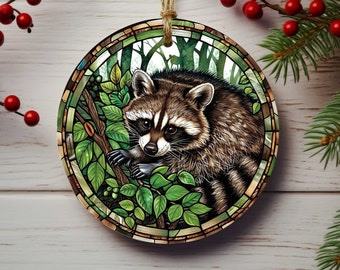 Raccoon Porcelain Christmas Tree Ornaments- Forest Animal Decorations - Single or Double Side Print - Unique Gifts for Animal Lovers