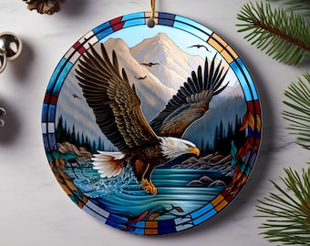 Soaring Eagle Over Mountain Scene Stained Glass Themed Porcelain Christmas Ornament - 2.875" Round - Holiday Gifts - Single/Double Sided