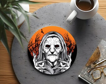 Creepy Witch Hag Ceramic Coasters, Halloween Coasters for Drinks, Coaster Sets of 2 or 4, Tea or Coffee Coasters - Unique Table Decor