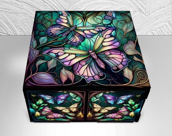 Butterfly Garden Stash Box with Stained Glass Themed Design - Decorative Jewelry Boxes - Laser Cut Hardboard Wood Keepsake Gift Box