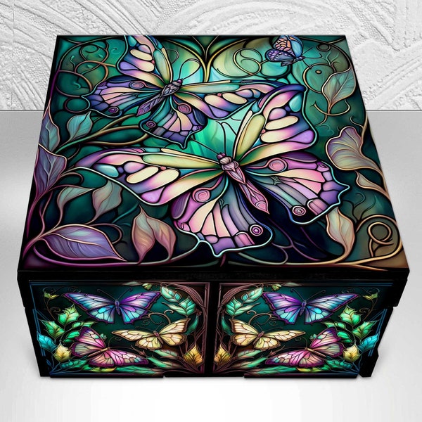 Butterfly Garden Stash Box with Stained Glass Themed Design - Decorative Jewelry Boxes - Laser Cut Hardboard Wood Keepsake Gift Box