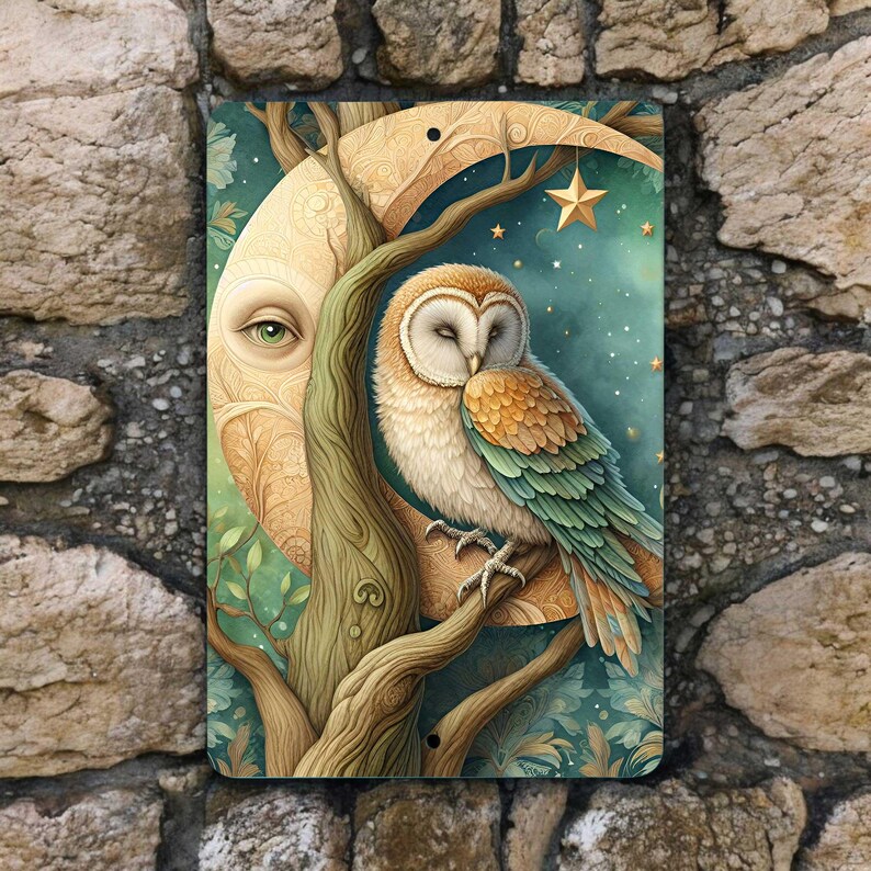 metal sign features an enchanting barn owl perched on a tree, with a celestial moon adorned with intricate patterns in the background. The dreamy night sky and glowing stars create a mystical atmosphere, making this a perfect piece for fantasy lover.