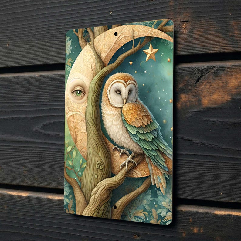 Owl and Moon Metal Sign - Celestial Woodland Wall Art - Mystical Decor, 8x12 afbeelding 2