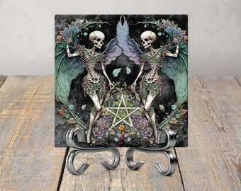 Gothic Angel Square Absorbent Coaster Set, Sandstone Ceramic, Skeleton Pentagram Fairies, Unique Drink Coasters