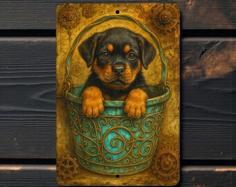 Rottweiler Puppy Metal Sign - Steampunk Bucket Wall Art, 8x12 Aluminum