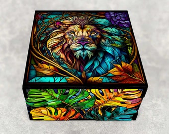 Stained Glass Themed Lion Stash Box with Jungle Leaf Design - Laser Cut Decorative Wood Box - Keepsake Gifts - Personalized Options