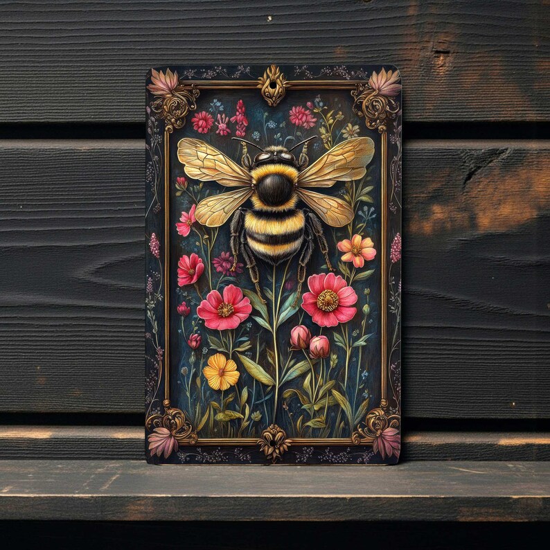This 8x12 inch metal wall sign features a large bumblebee surrounded by colorful garden flowers with a dark decorative border. The design has a vintage botanical look with pink, yellow, and red flowers against a deep background. The image is a flat digital print on a smooth aluminum surface, not raised, textured, embossed, or 3D.