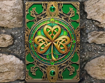 May include: A gold and green shamrock design with intricate details, surrounded by a decorative frame. The shamrock is set against a green background with gold accents.