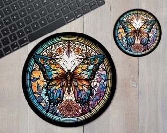 Butterfly Computer Mouse Pad and Ceramic Coaster Office Desk Gift Set
