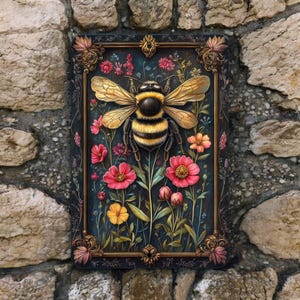 May include: A rectangular wall art piece featuring a detailed illustration of a bee with yellow and black stripes, surrounded by colorful flowers. The artwork is framed with an ornate gold border and set against a dark blue background.