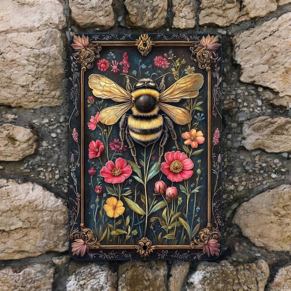Bee Floral Metal Sign - Bumblebee Garden Wall Decor 8x12