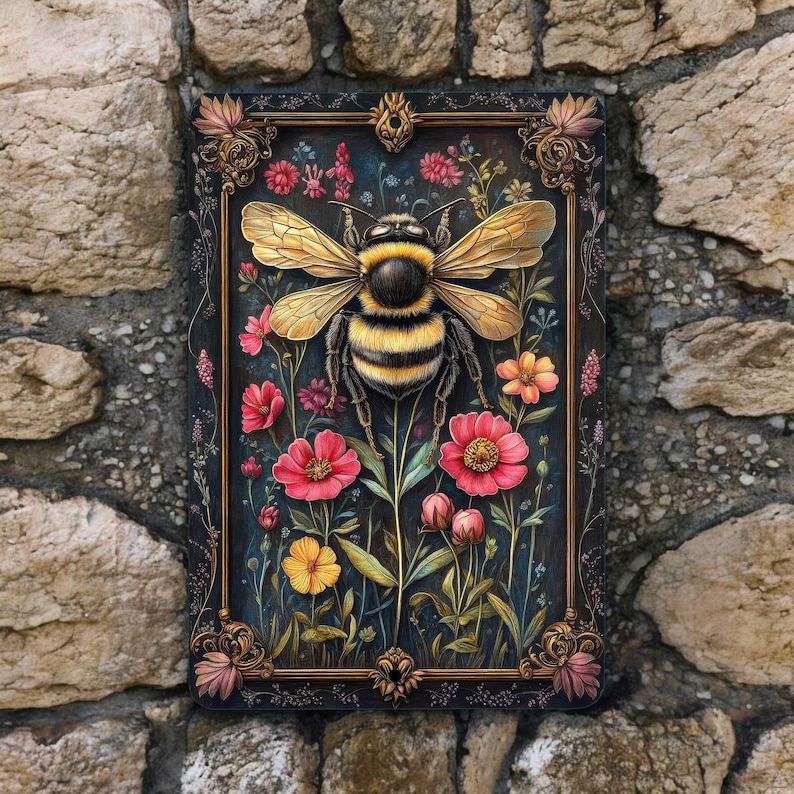 Bee Floral Metal Sign - Bumblebee Garden Wall Decor Indoor Outdoor 8x12