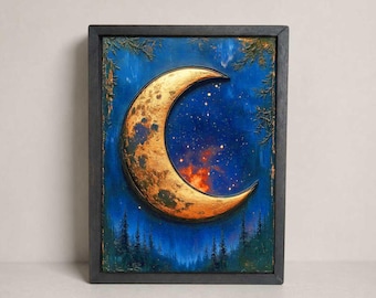 Crescent Moon Wood Framed Metal Sign - Shelf Sitter or Wall Decor