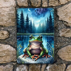 Letrero de pared de metal con forma de rana: decoración de vida silvestre en un estanque forestal, escena de naturaleza rústica de 8 x 12