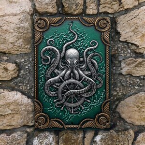 K&ouml;nnte beinhalten: Rechteckige Metallplakette mit einem Oktopus-Design. Der Oktopus, in Graut&ouml;nen, befindet sich zentral auf einem gr&uuml;nen Hintergrund und h&auml;lt ein Steuerrad. Die Plakette hat einen seilartigen Rand und dekorative Eckakzente, montiert an einer Steinmauer.