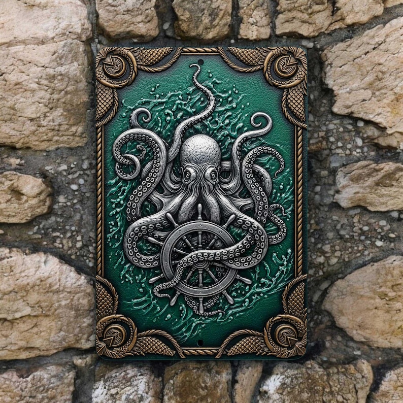 K&ouml;nnte beinhalten: Rechteckige Metallplakette mit einem Oktopus-Design. Der Oktopus, in Graut&ouml;nen, befindet sich zentral auf einem gr&uuml;nen Hintergrund und h&auml;lt ein Steuerrad. Die Plakette hat einen seilartigen Rand und dekorative Eckakzente, montiert an einer Steinmauer.