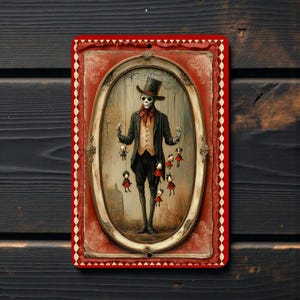 May include: A rectangular metal sign with a red border and a central oval image. The image depicts a skeleton in a top hat and suit, holding strings attached to small dolls. The background is a vintage-style scene.
