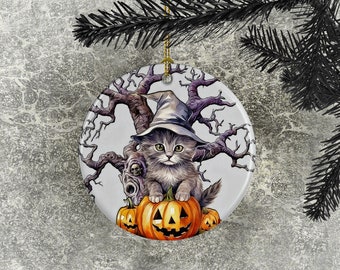 Halloween Tree Porcelain Ornament, Cat, Witches Familiar All Hallows Eve Decorations