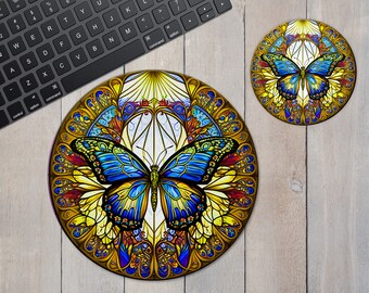 Butterfly Mousepad and Ceramic Coaster Office Desk Gift Set