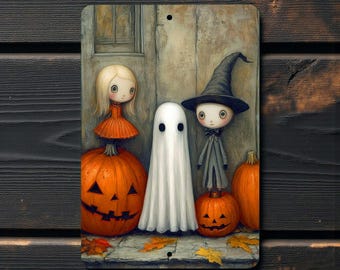 Halloween Ghost & Pumpkin Metal Sign - Whimsical Fall Decor 8x12 inch