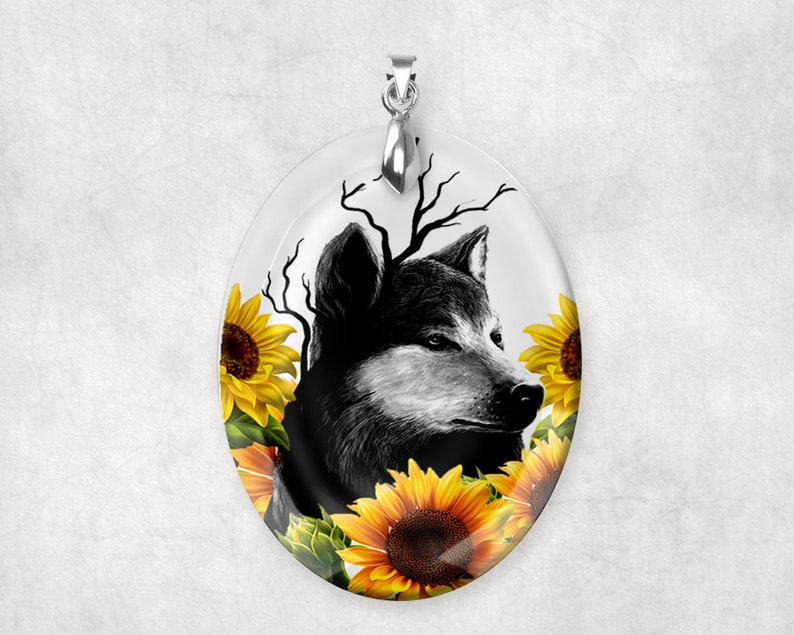 Crystal Glass Wolf With Sunflowers Large Pendant Charm Etsy
