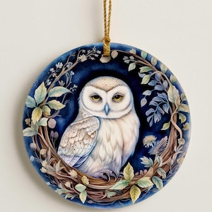 White Owl Christmas Ornament – Woodland Bird Ceramic Gift, Round Tree Decoration with Gold Cord, Nature-Inspired Forest Keepsake