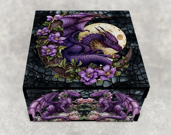 Dragon Decorative Stash Gift Box, Hardboard Wood, Small Jewelry Keepsake Storage Box, Purple and Black  Dragon Scales - Can Be Personalized