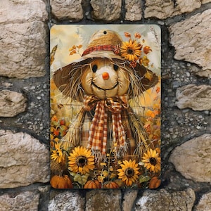 Smiling Scarecrow Metal Sign - Fall Harvest Decor - Rustic Farmhouse Wall Art 8x12