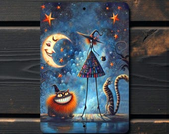 Whimsical Witch Metal Sign - Halloween Cats & Moon Wall Decor 8x12 inch