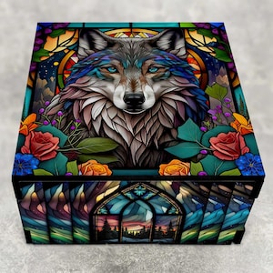 Stained Glass Themed Wolf Stash Box with Northern Lights Design - Laser Cut Decorative Wood Box - Keepsake Gifts - Personalized Available