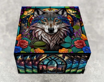 Stained Glass Themed Wolf Stash Box with Northern Lights Design - Laser Cut Decorative Wood Box - Keepsake Gifts - Personalized Available