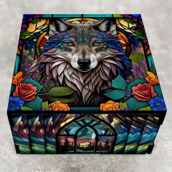 Stained Glass Themed Wolf Stash Box with Northern Lights Design - Laser Cut Decorative Wood Box - Keepsake Gifts - Personalized Available